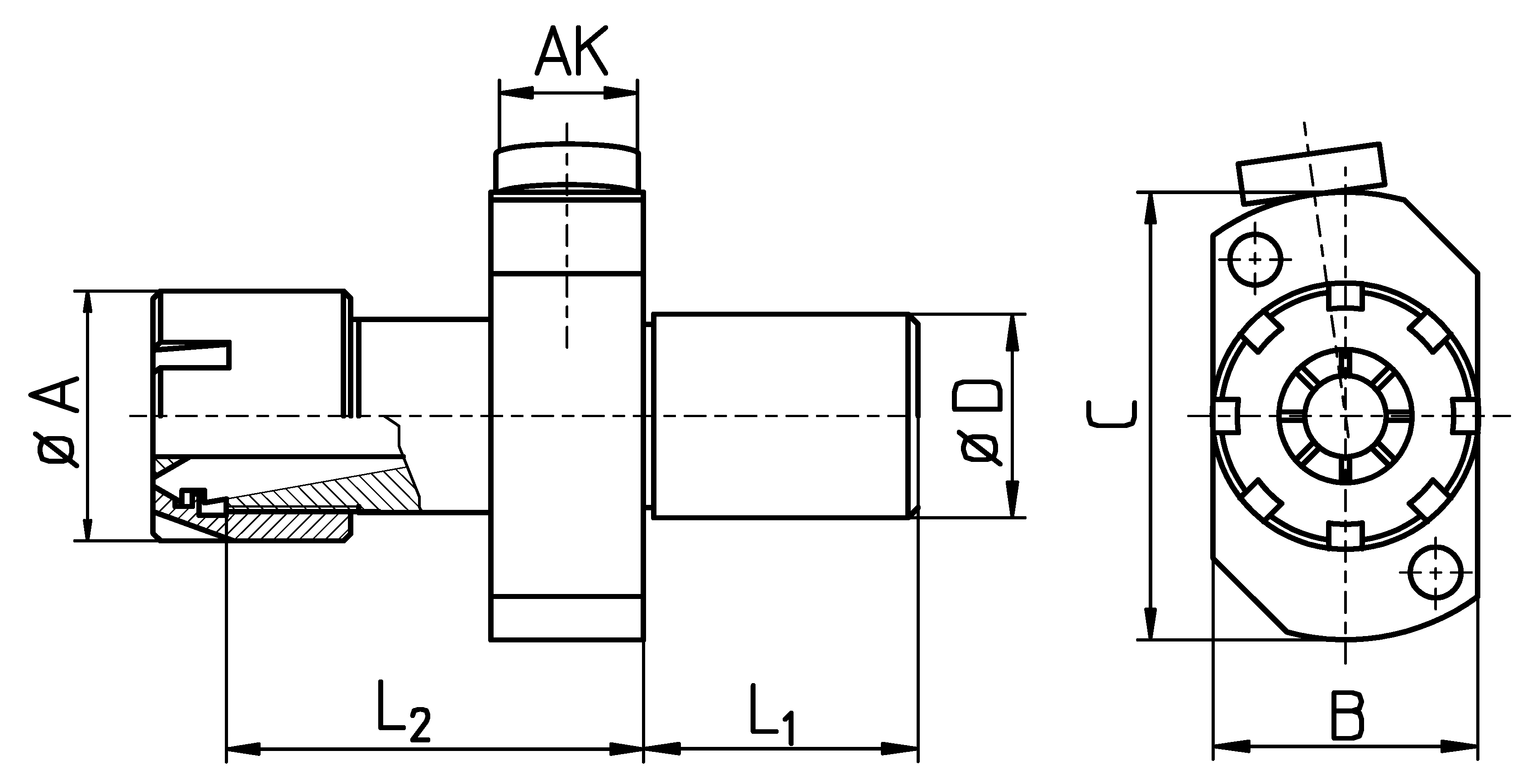 ER-Zangenspannfutter für STAR Rückseite ER16 Schaft D=22,0 Schaftlänge=25,0 inklusive Mutter ERC16M mit seitlichem Kühlmittelanschluss G1/8" für diverse STAR-Maschinen