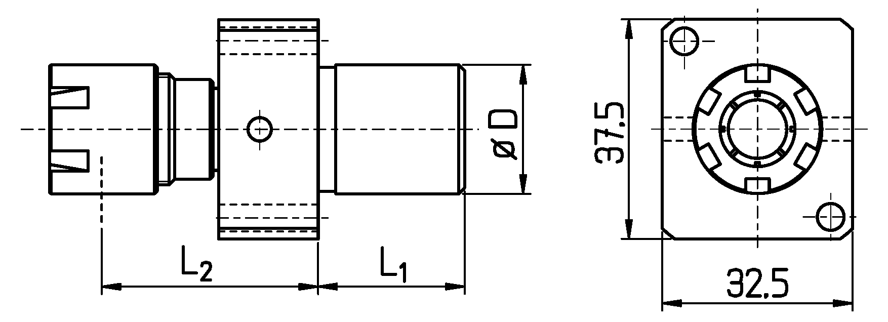 Gewindeschneidfutter für Rückseite ER16 Schaft D=22 L1=25 inkl. Mutter ER16M für Maschine SW20 / SW12RII / SV20R / SR20RIV / SB12-20R / SR38